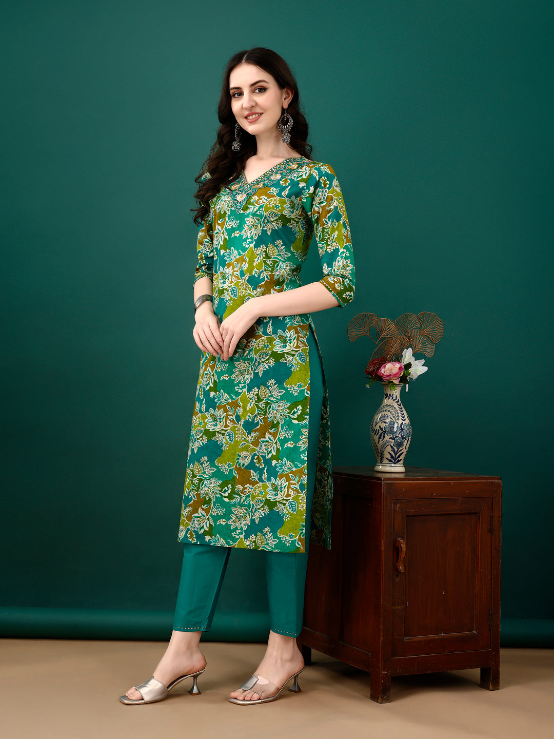 Embroidered & Floral Printed Kurta With Pant & Dupatta, Teal - Hiral Fashion - Dista