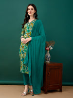 Thumbnail for Embroidered & Floral Printed Kurta With Pant & Dupatta, Teal - Hiral Fashion - Dista
