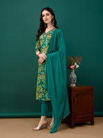 Thumbnail for Embroidered & Floral Printed Kurta With Pant & Dupatta, Teal - Hiral Fashion - Dista