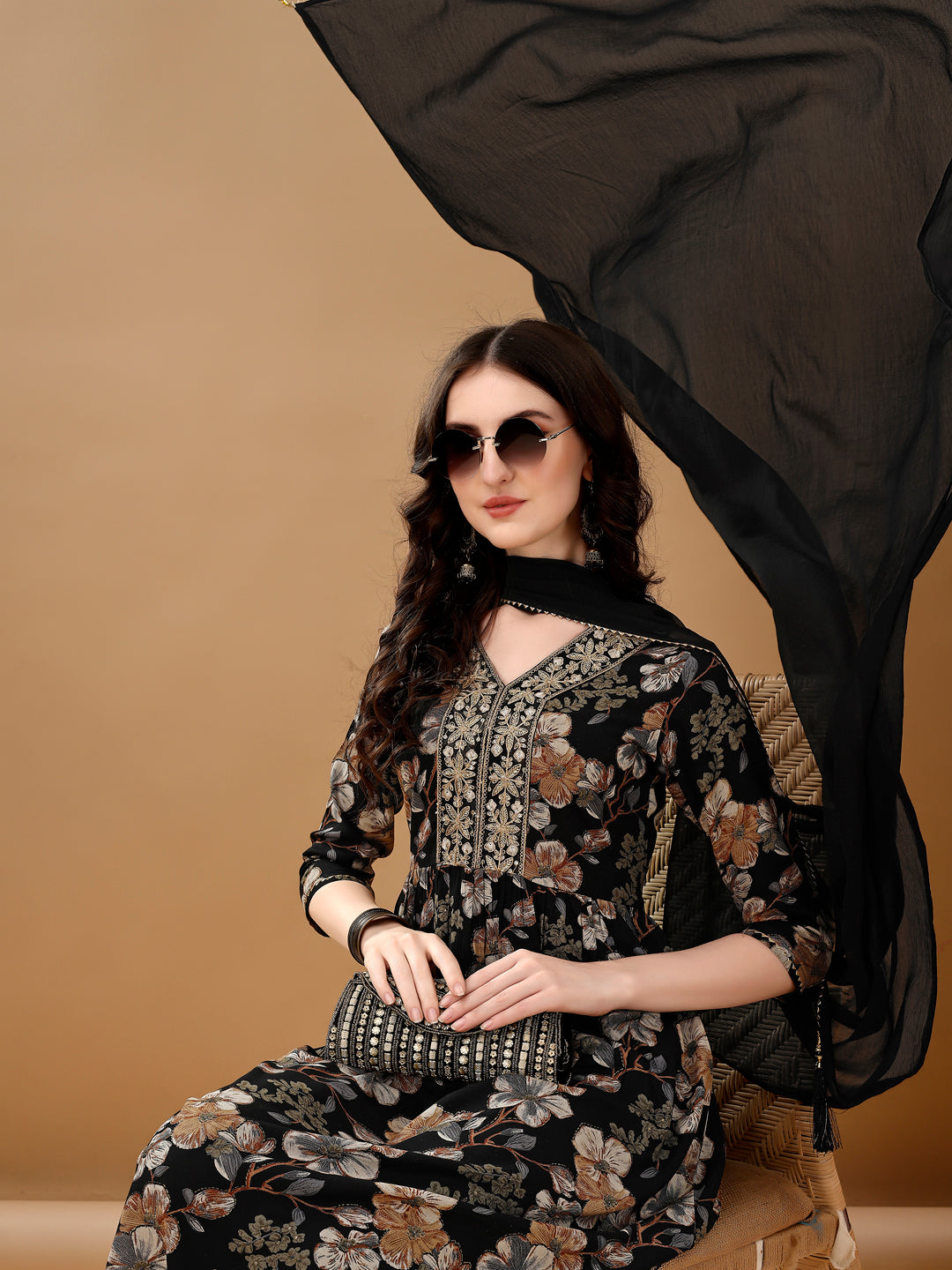 Alia Cut Floral Printed & Embroidered Kurta Suit Set, Black - Hiral Fashion - Dista