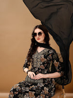 Thumbnail for Alia Cut Floral Printed & Embroidered Kurta Suit Set, Black - Hiral Fashion - Dista