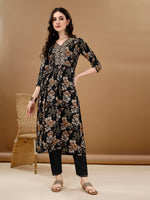 Thumbnail for Alia Cut Floral Printed & Embroidered Kurta Suit Set, Black - Hiral Fashion - Dista