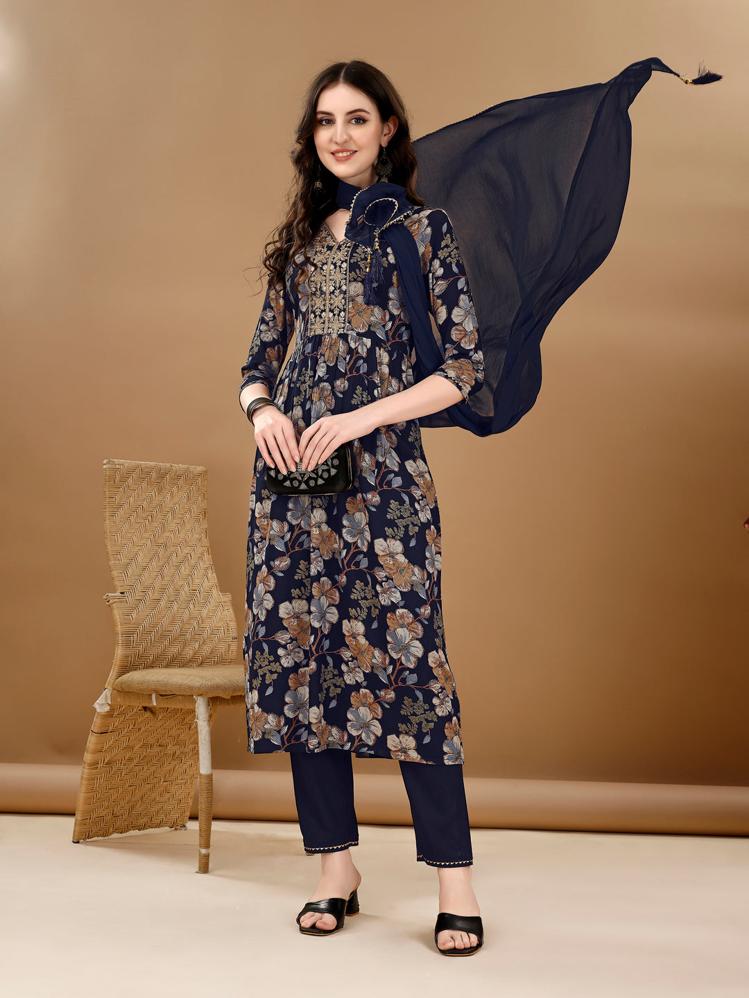 Alia Cut Floral Printed & Embroidered Kurta Suit Set, Navy Blue - Hiral Fashion - Dista