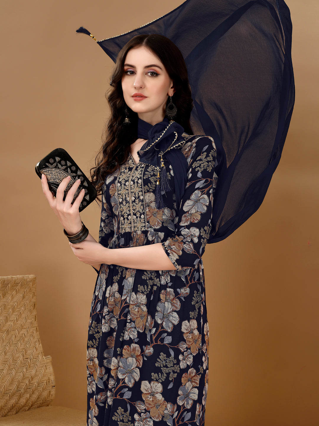 Alia Cut Floral Printed & Embroidered Kurta Suit Set, Navy Blue - Hiral Fashion - Dista