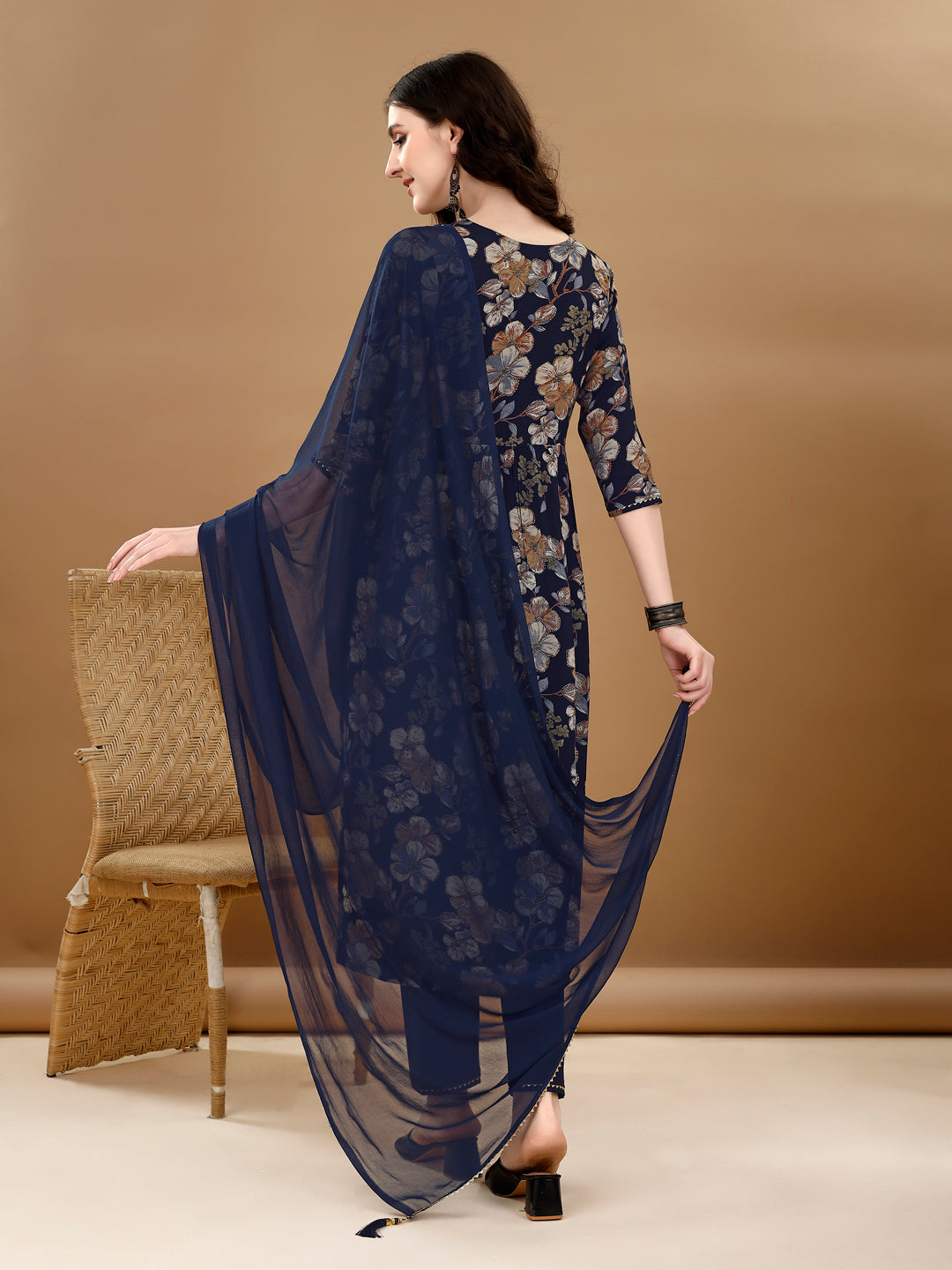 Alia Cut Floral Printed & Embroidered Kurta Suit Set, Navy Blue - Hiral Fashion - Dista