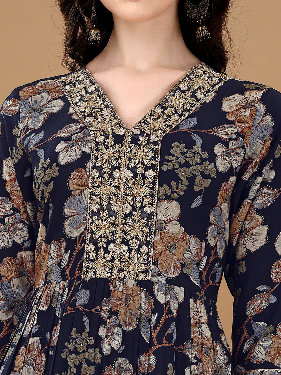 Alia Cut Floral Printed & Embroidered Kurta Suit Set, Navy Blue - Hiral Fashion - Dista