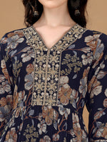 Thumbnail for Alia Cut Floral Printed & Embroidered Kurta Suit Set, Navy Blue - Hiral Fashion - Dista