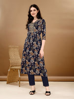 Thumbnail for Alia Cut Floral Printed & Embroidered Kurta Suit Set, Navy Blue - Hiral Fashion - Dista