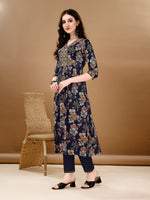 Thumbnail for Alia Cut Floral Printed & Embroidered Kurta Suit Set, Navy Blue - Hiral Fashion - Dista