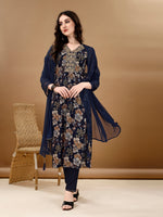 Thumbnail for Alia Cut Floral Printed & Embroidered Kurta Suit Set, Navy Blue - Hiral Fashion - Dista