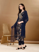 Thumbnail for Alia Cut Floral Printed & Embroidered Kurta Suit Set, Navy Blue - Hiral Fashion - Dista