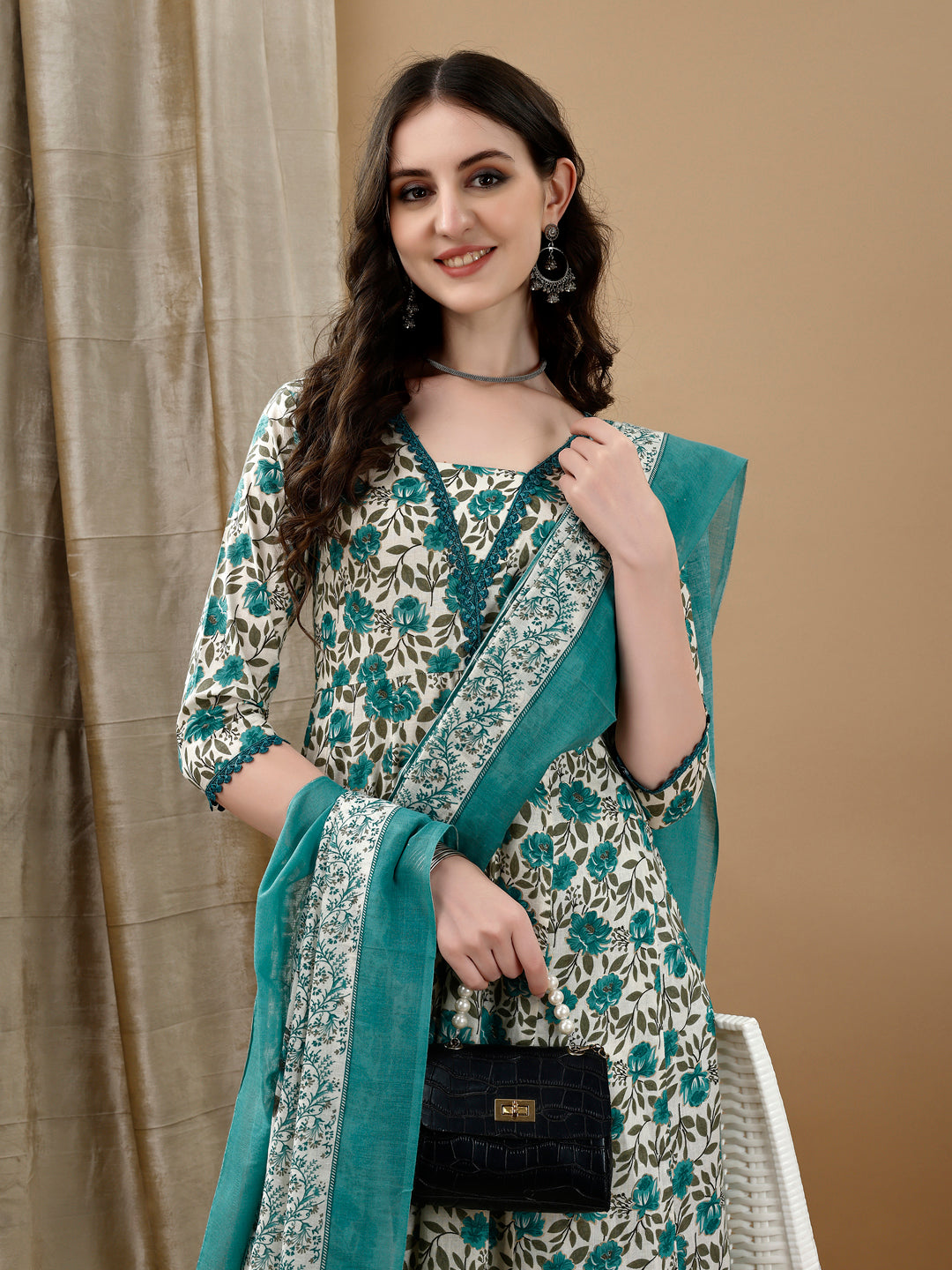 Floral Printed Anarkali Kurta With Pant & Dupatta Luxury Premium, Multicolor - Hiral Fashion - Dista