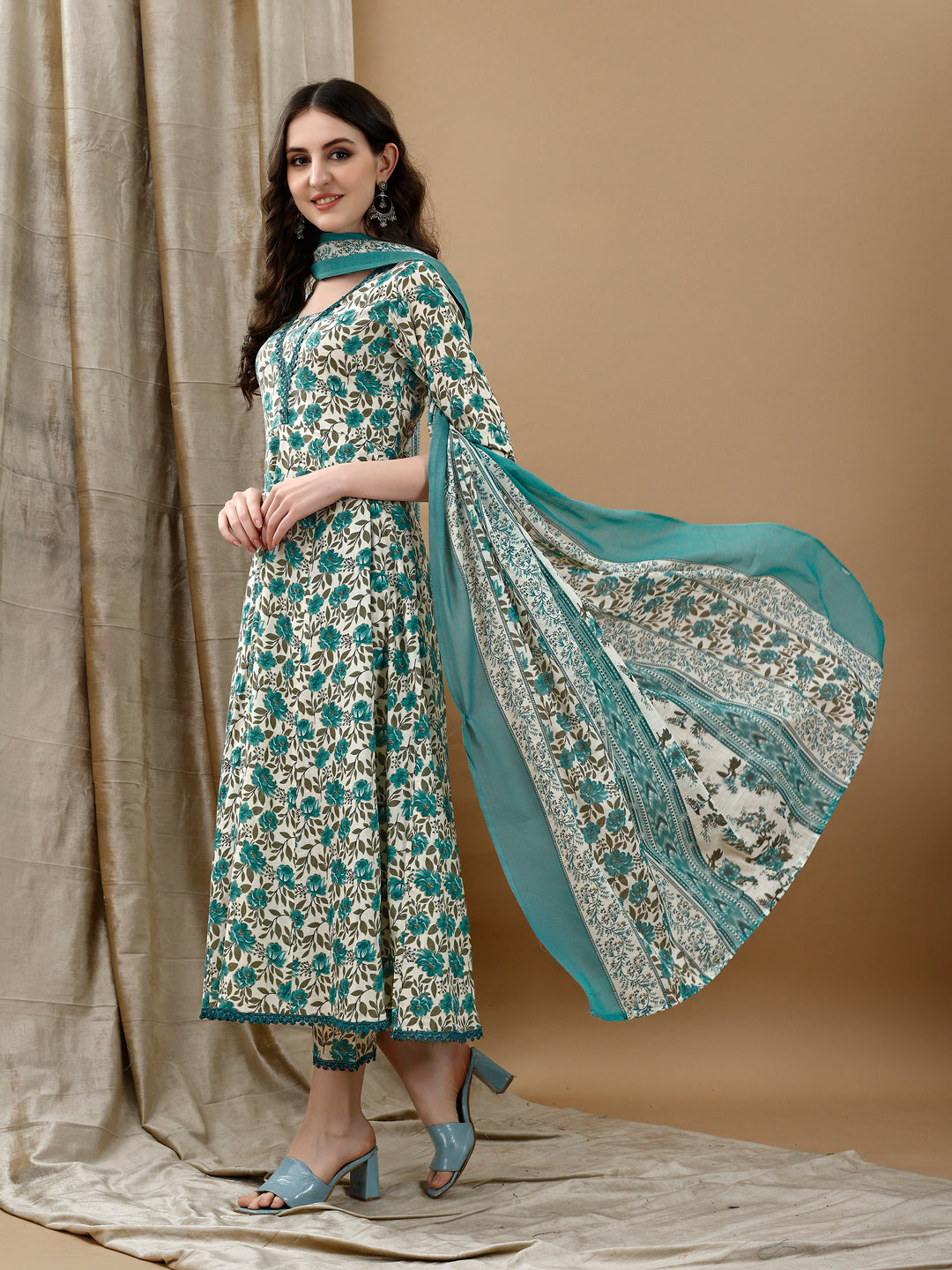 Floral Printed Anarkali Kurta With Pant & Dupatta Luxury Premium, Multicolor - Hiral Fashion - Dista