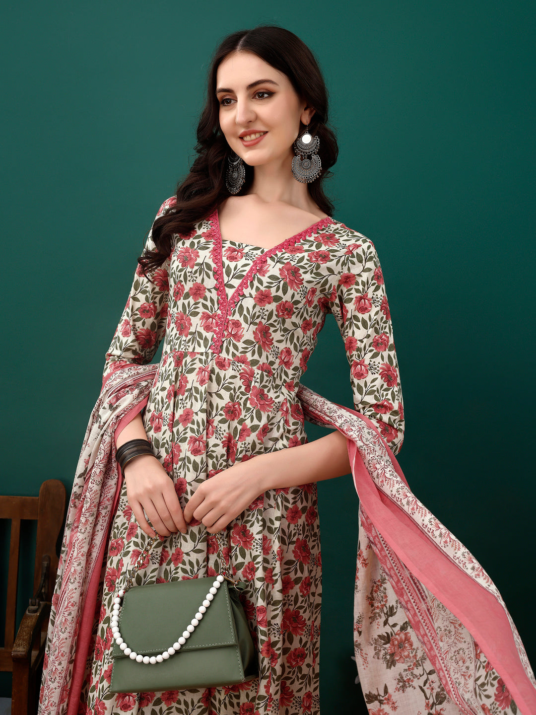 Floral Printed Anarkali Kurta With Pant & Dupatta Luxury Premium, Pink - Hiral Fashion