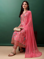 Thumbnail for Embroidered & Floral Printed Flared Kurta With Pant & Dupatta, Pink - Hiral Fashion - Dista