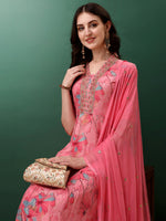 Thumbnail for Embroidered & Floral Printed Flared Kurta With Pant & Dupatta, Pink - Hiral Fashion - Dista