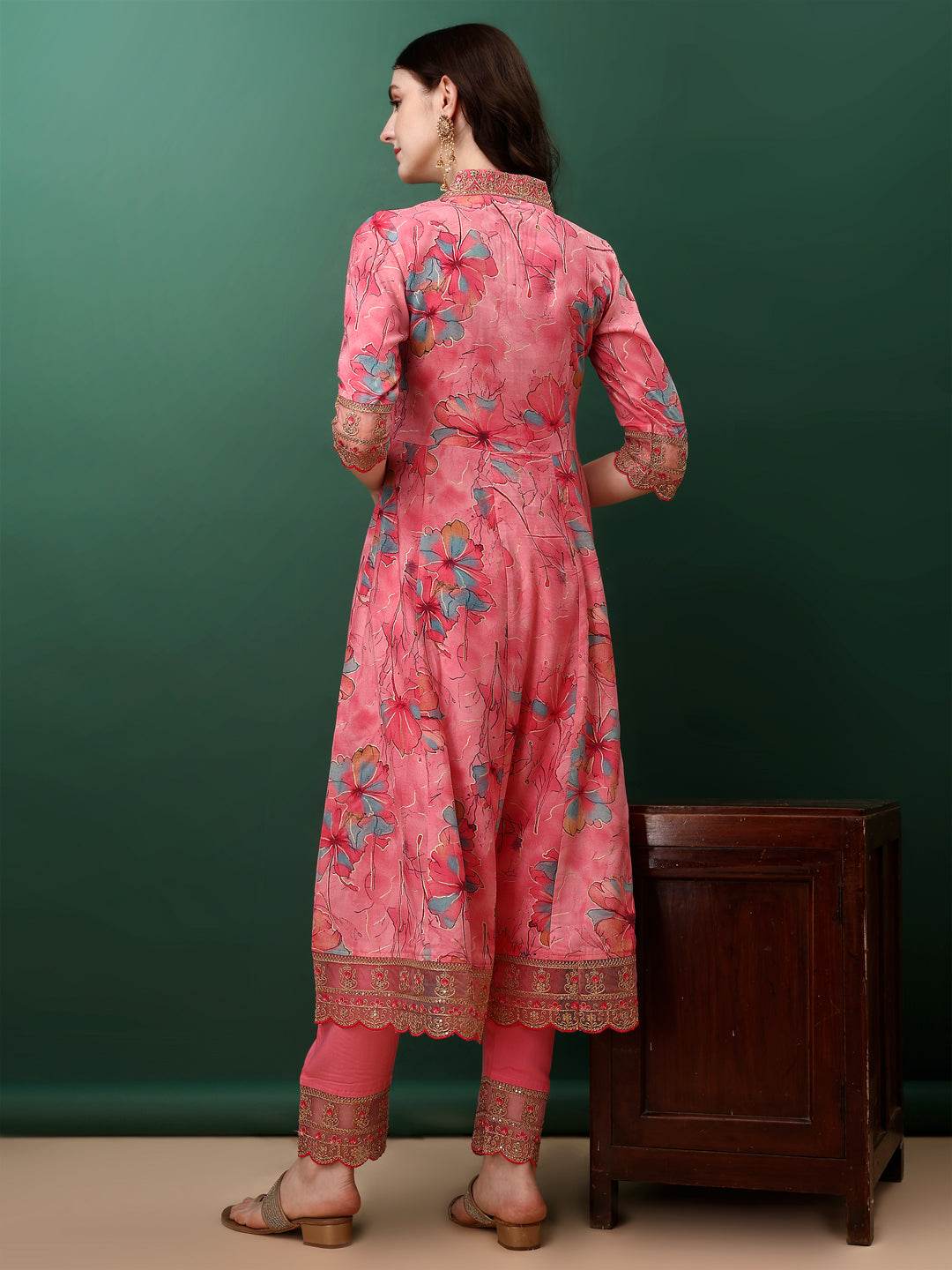 Embroidered & Floral Printed Flared Kurta With Pant & Dupatta, Pink - Hiral Fashion - Dista
