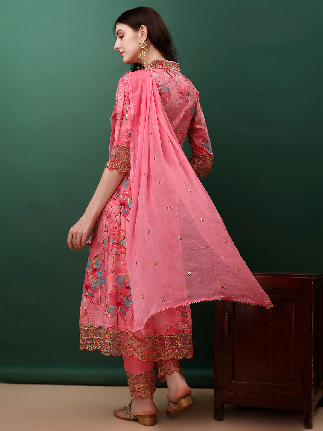 Embroidered & Floral Printed Flared Kurta With Pant & Dupatta, Pink - Hiral Fashion - Dista