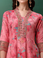 Thumbnail for Embroidered & Floral Printed Flared Kurta With Pant & Dupatta, Pink - Hiral Fashion - Dista