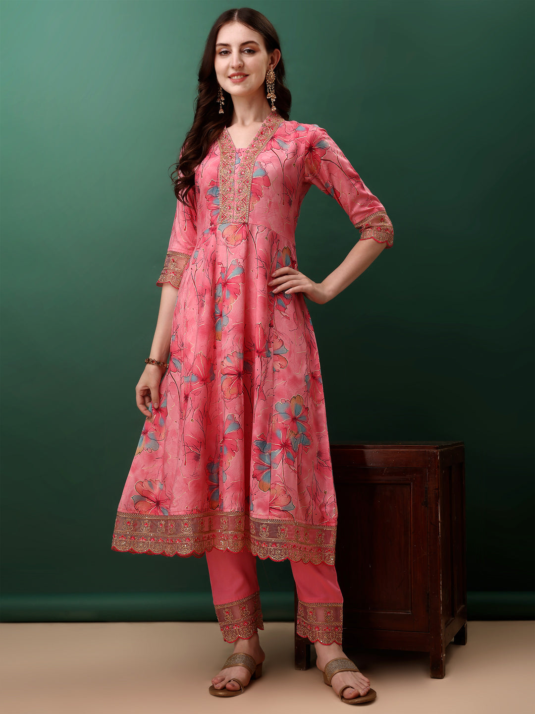 Embroidered & Floral Printed Flared Kurta With Pant & Dupatta, Pink - Hiral Fashion - Dista