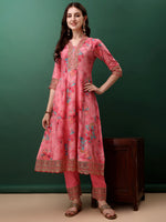 Thumbnail for Embroidered & Floral Printed Flared Kurta With Pant & Dupatta, Pink - Hiral Fashion - Dista