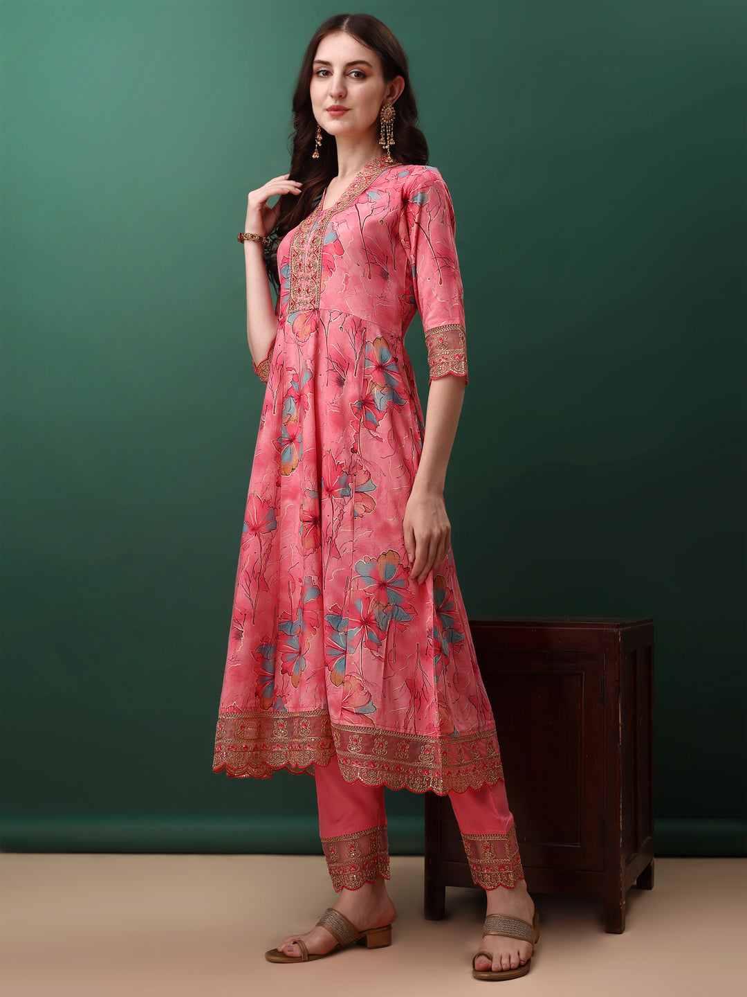 Embroidered & Floral Printed Flared Kurta With Pant & Dupatta, Pink - Hiral Fashion - Dista