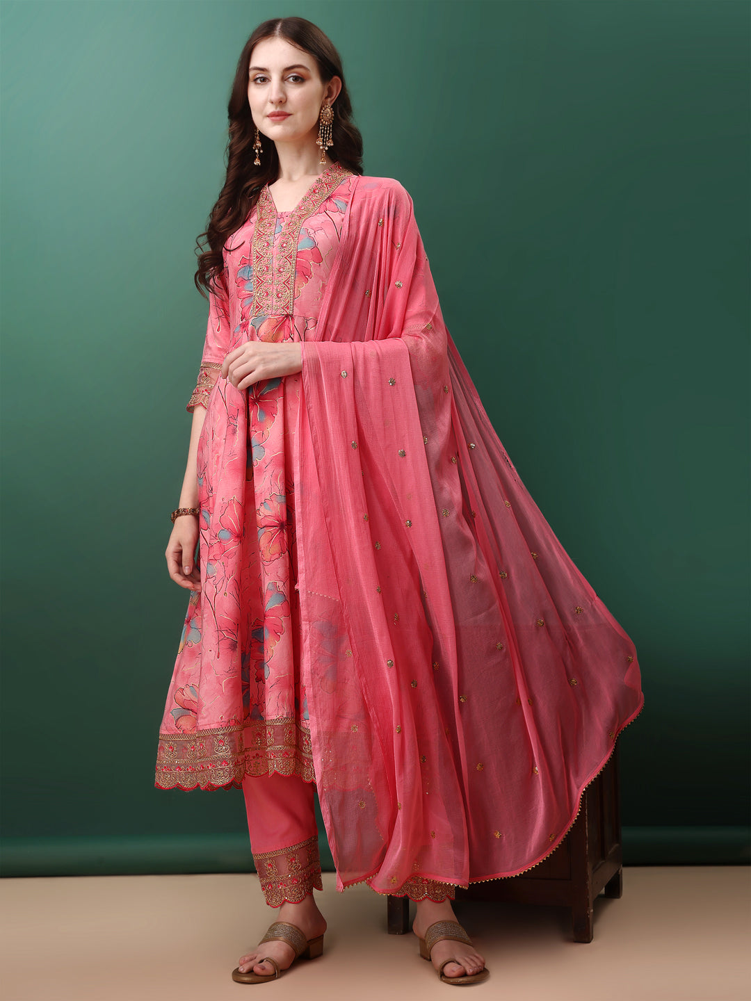 Embroidered & Floral Printed Flared Kurta With Pant & Dupatta, Pink - Hiral Fashion - Dista