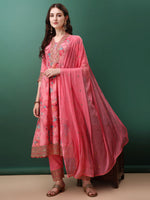 Thumbnail for Embroidered & Floral Printed Flared Kurta With Pant & Dupatta, Pink - Hiral Fashion - Dista