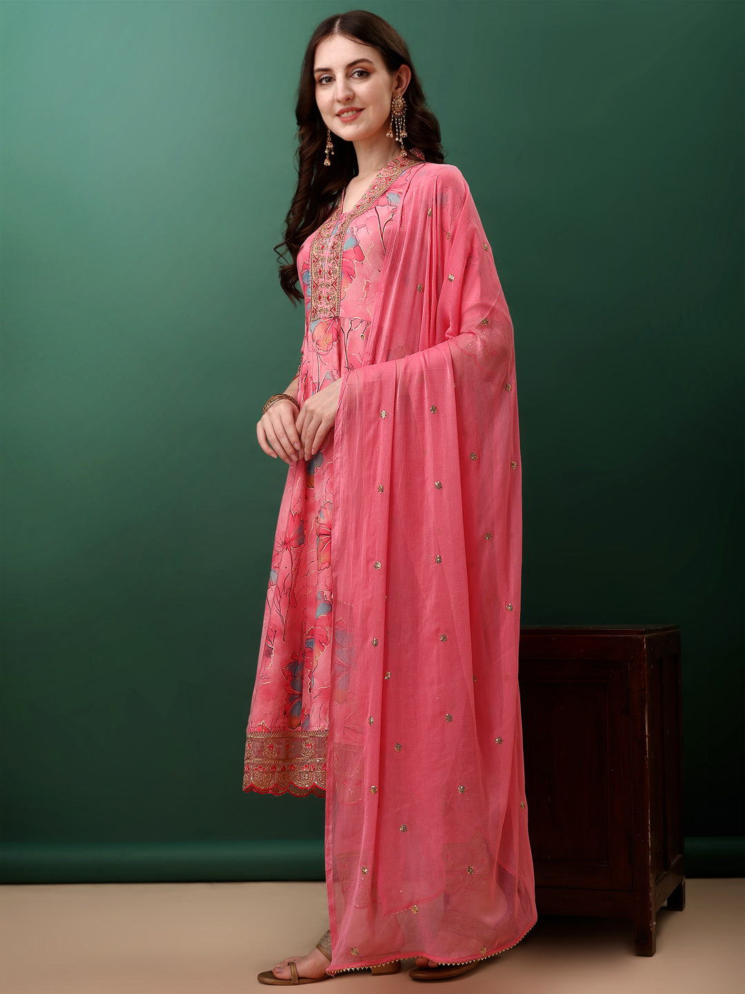 Embroidered & Floral Printed Flared Kurta With Pant & Dupatta, Pink - Hiral Fashion - Dista