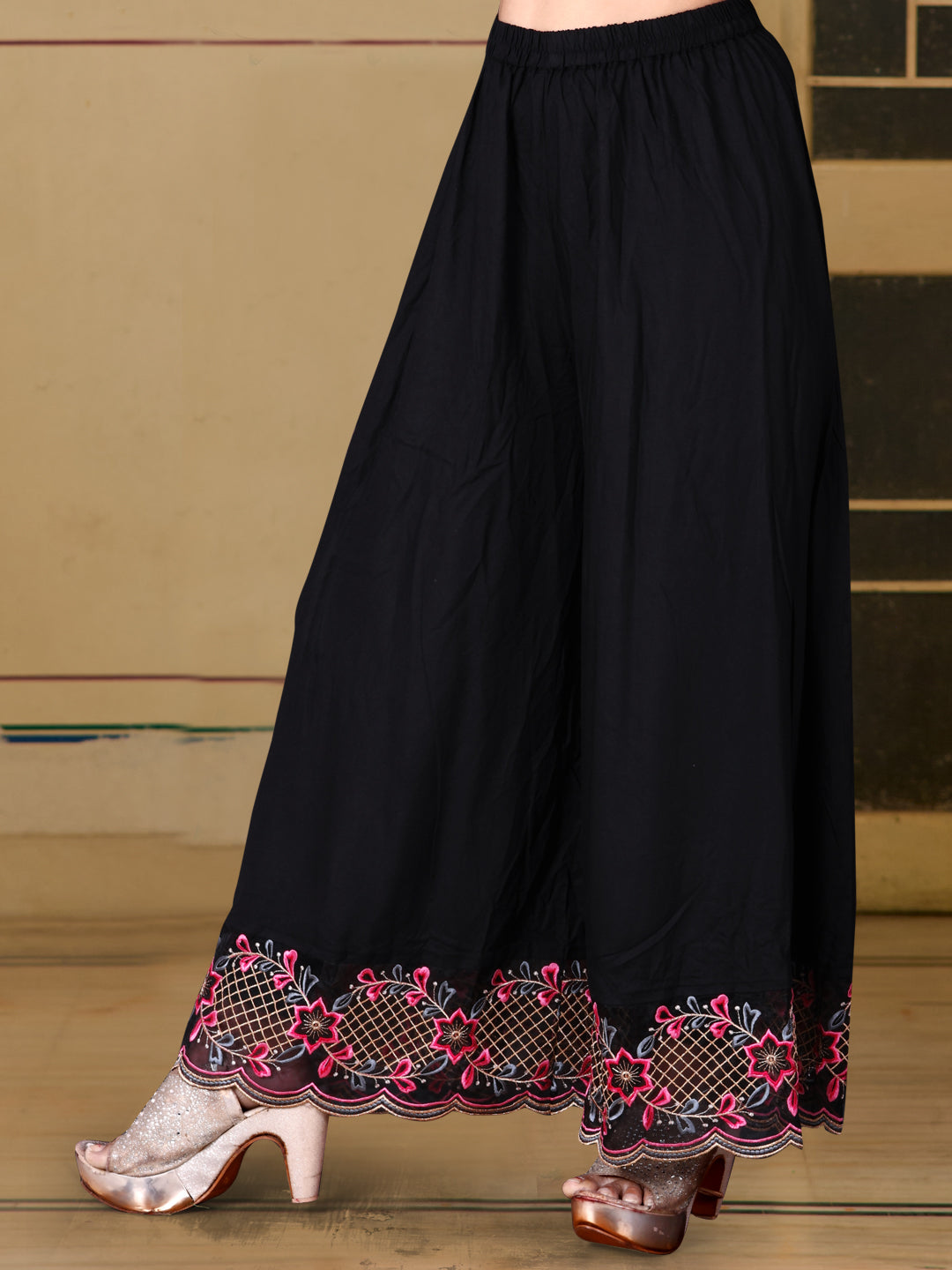 Pakistani Flared Embroidered Kurta With Embroidered Pallazo With Embroidered Dupatta, Black - Hiral Fashion - Dista