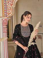 Thumbnail for Pakistani Flared Embroidered Kurta With Embroidered Pallazo With Embroidered Dupatta, Black - Hiral Fashion - Dista