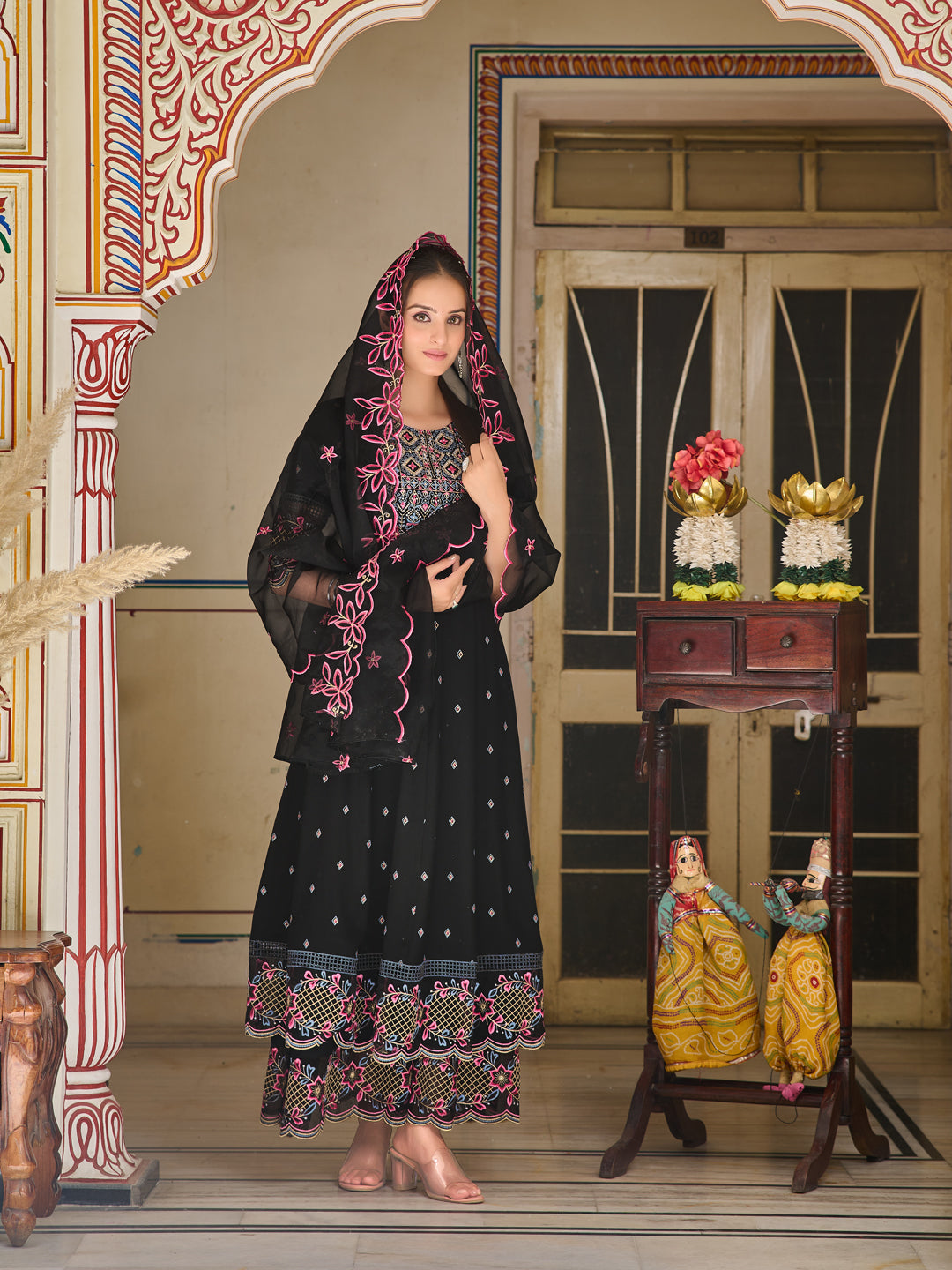 Pakistani Flared Embroidered Kurta With Embroidered Pallazo With Embroidered Dupatta, Black - Hiral Fashion - Dista