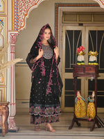 Thumbnail for Pakistani Flared Embroidered Kurta With Embroidered Pallazo With Embroidered Dupatta, Black - Hiral Fashion - Dista
