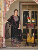Thumbnail for Pakistani Flared Embroidered Kurta With Embroidered Pallazo With Embroidered Dupatta, Black - Hiral Fashion - Dista