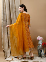 Thumbnail for Embroidered & Bandhani Printed Flared Kurta With Pant & Printed Dupatta, Mustard - Hiral Fashion - Distacart
