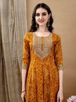 Thumbnail for Embroidered & Bandhani Printed Flared Kurta With Pant & Printed Dupatta, Mustard - Hiral Fashion - Distacart