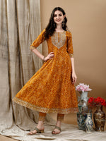 Thumbnail for Embroidered & Bandhani Printed Flared Kurta With Pant & Printed Dupatta, Mustard - Hiral Fashion - Distacart