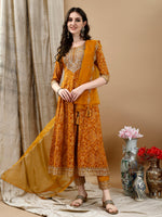 Thumbnail for Embroidered & Bandhani Printed Flared Kurta With Pant & Printed Dupatta, Mustard - Hiral Fashion - Distacart
