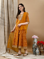 Thumbnail for Embroidered & Bandhani Printed Flared Kurta With Pant & Printed Dupatta, Mustard - Hiral Fashion - Distacart