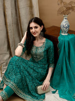 Thumbnail for Embroidered & Bandhani Printed Flared Kurta With Pant & Printed Dupatta, Green - Hiral Fashion - Distacart