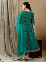 Thumbnail for Embroidered & Bandhani Printed Flared Kurta With Pant & Printed Dupatta, Green - Hiral Fashion - Distacart