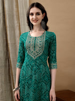 Thumbnail for Embroidered & Bandhani Printed Flared Kurta With Pant & Printed Dupatta, Green - Hiral Fashion - Distacart