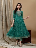 Thumbnail for Embroidered & Bandhani Printed Flared Kurta With Pant & Printed Dupatta, Green - Hiral Fashion - Distacart