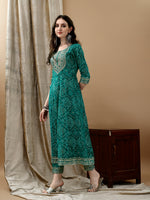 Thumbnail for Embroidered & Bandhani Printed Flared Kurta With Pant & Printed Dupatta, Green - Hiral Fashion - Distacart