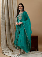 Thumbnail for Embroidered & Bandhani Printed Flared Kurta With Pant & Printed Dupatta, Green - Hiral Fashion - Distacart