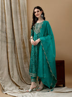 Thumbnail for Embroidered & Bandhani Printed Flared Kurta With Pant & Printed Dupatta, Green - Hiral Fashion - Distacart