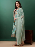 Thumbnail for Embroidered & Floral Printed Flared Kurta With Pant & Dupatta, Blue - Hiral Fashion - Distacart