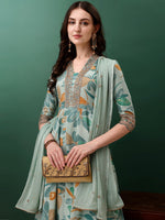 Thumbnail for Embroidered & Floral Printed Flared Kurta With Pant & Dupatta, Blue - Hiral Fashion - Distacart