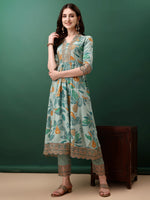 Thumbnail for Embroidered & Floral Printed Flared Kurta With Pant & Dupatta, Blue - Hiral Fashion - Distacart