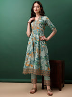 Thumbnail for Embroidered & Floral Printed Flared Kurta With Pant & Dupatta, Blue - Hiral Fashion - Distacart